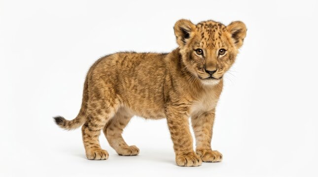 A cute lion cub standing confidently on a white background, looking directly at the camera