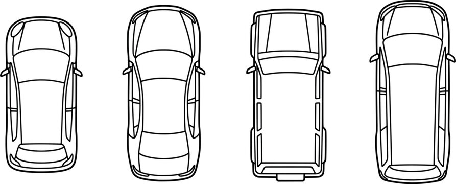 Top view of various car types set, including sedan, hatchback, suv and station wagon, isolated on white background