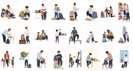 Fototapeta premium A comprehensive collection of illustrations showing fathers and children preparing for the new school year, packing backpacks, and organizing supplies with a focus on sustainability.
