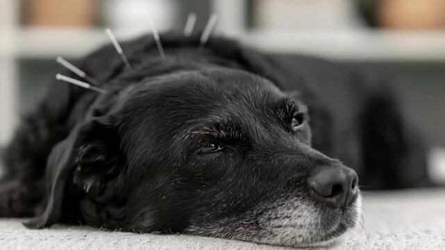 Calm black dog lying down while receiving acupuncture treatment with small needles placed on head for alternative therapy and pain relief