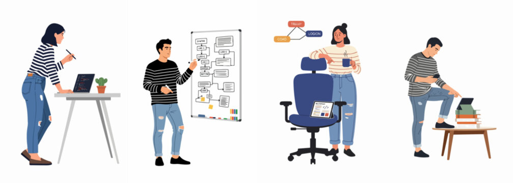 Flat vector illustrations of diverse software developers and programmers working on coding, system planning, debugging, and testing in a modern tech office environment.