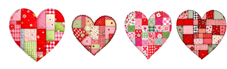 Obraz premium A heart-shaped quilt made of various red, pink, and green fabric patches with floral and gingham patterns on transparent background