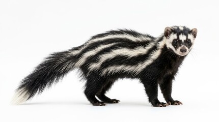 Naklejka premium A striking skunk with black and white striped fur, including a bushy tail with white accents, standing alert