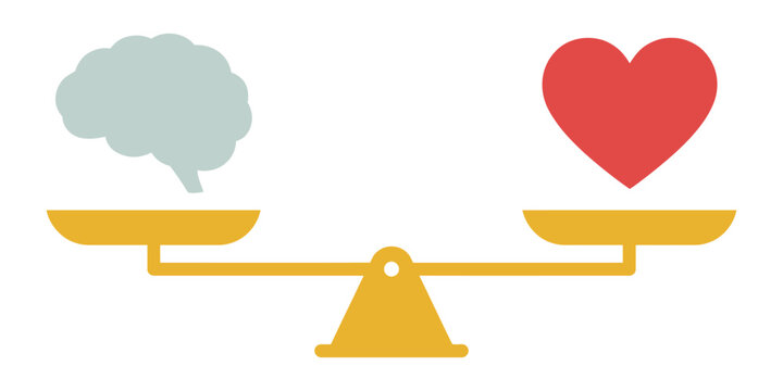 Balance of Logic and Emotion: A conceptual illustration depicting a scale balancing a brain on one side and a heart on the other, symbolizing the equilibrium between reason and feeling.
