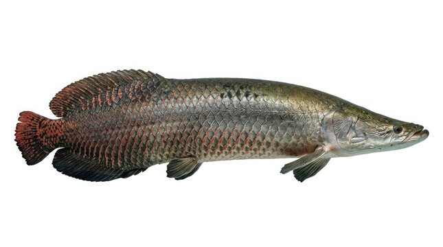 An Arapaima fish, also known as Paiche, swimming in freshwater. This large, air-breathing fish is native to the Amazon River basin