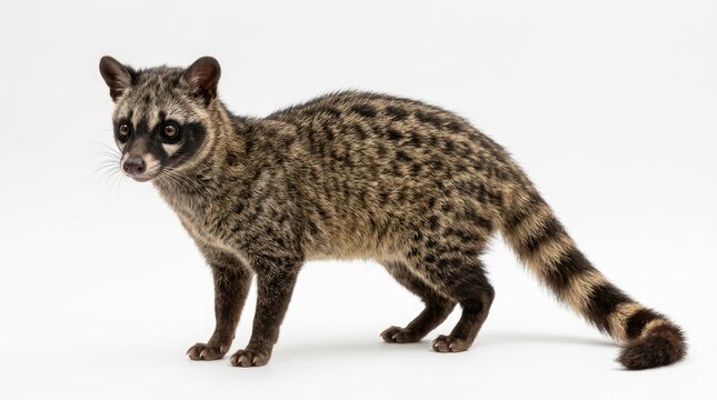 A small civet cat with distinctive markings on its face and a ringed tail stands on a white background, looking towards the camera