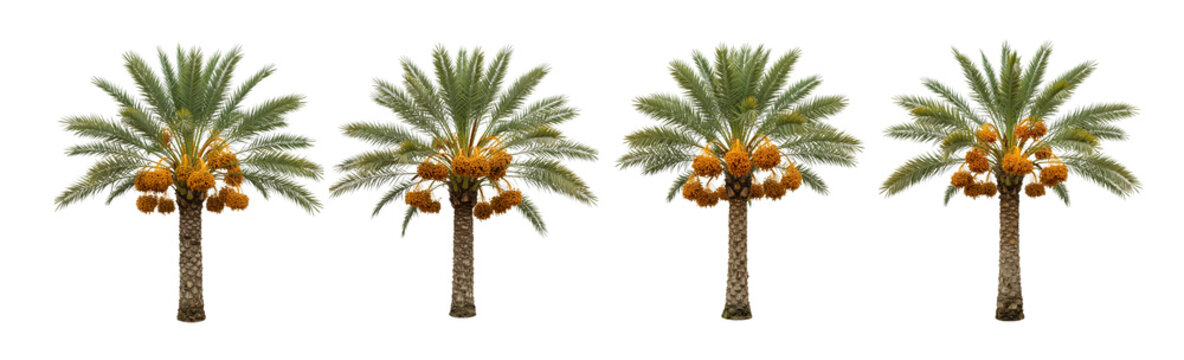 A close-up, isolated shot features a mature date palm tree with a thick, textured trunk and a full crown of vibrant green.