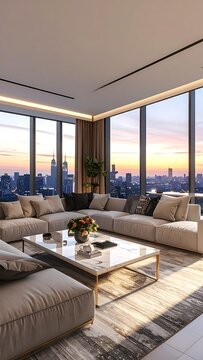 A modern living room with a city view at sunset (207)