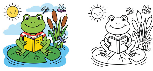 Obraz premium Cute cartoon frog reading a book on lily pad vector illustration set with coloring page outline, educational kids activity worksheet for preschool.