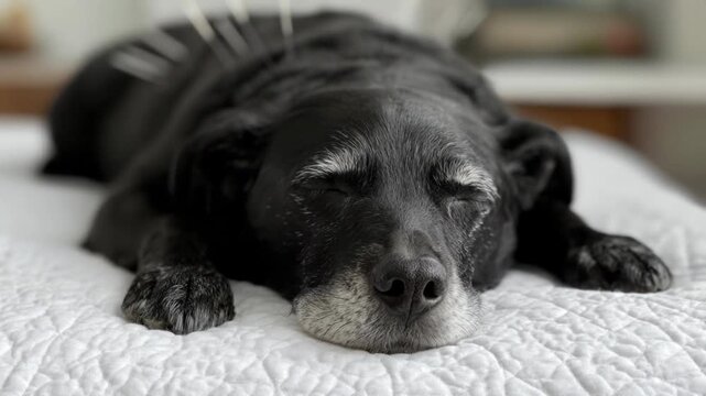 Close-up of peaceful black dog resting on white textured fabric bedspread with eyes closed and head down in cozy indoor home setting