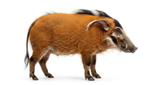 A wild red river hog stands stoically, showcasing its distinctive reddish-brown coat and striped head
