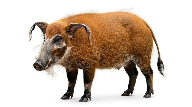 A striking red river hog stands proudly, showcasing its unique spotted coat and characteristic mane. This wild hog's distinctive features, including its large ears and coarse facial hair.