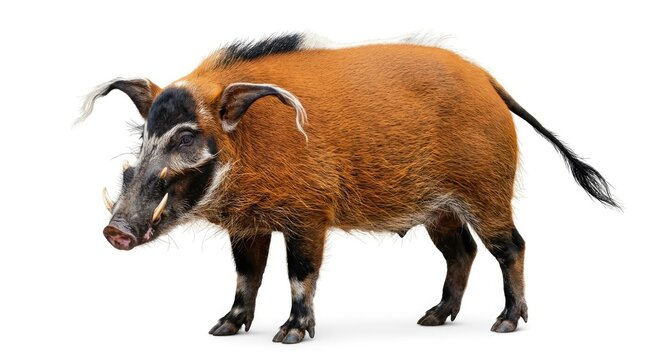 A red river hog with large tusks stands in a studio setting