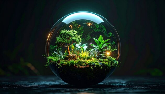 Miniature tropical forest with glowing lights enclosed in a transparent glass globe