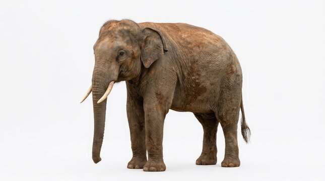 An Indian elephant with long tusks stands facing left against a clean white background