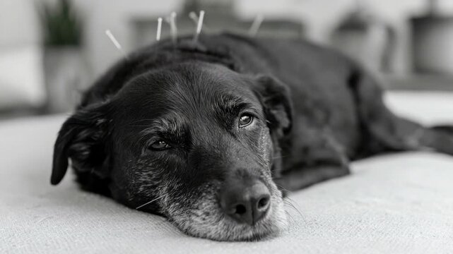 Black dog lying down with acupuncture needles inserted in its head for alternative veterinary care and healing treatment at home