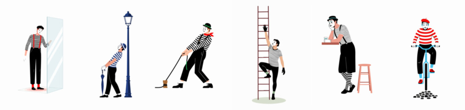 Set of mime artist characters performing various pantomime acts like climbing a ladder, riding a bike, and sweeping, in a flat vector style.