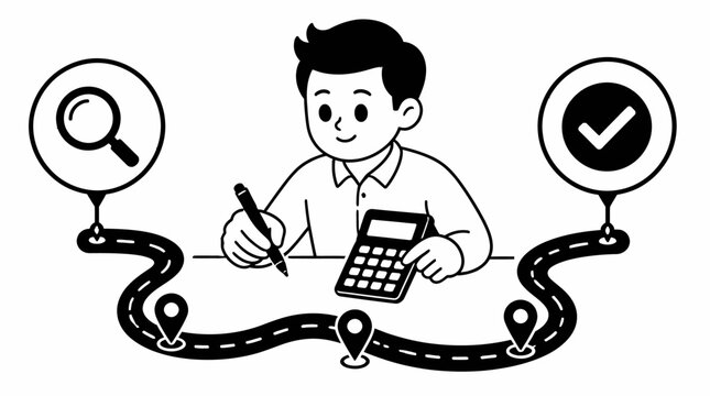 Cartoon man working with calculator and documents on road path.