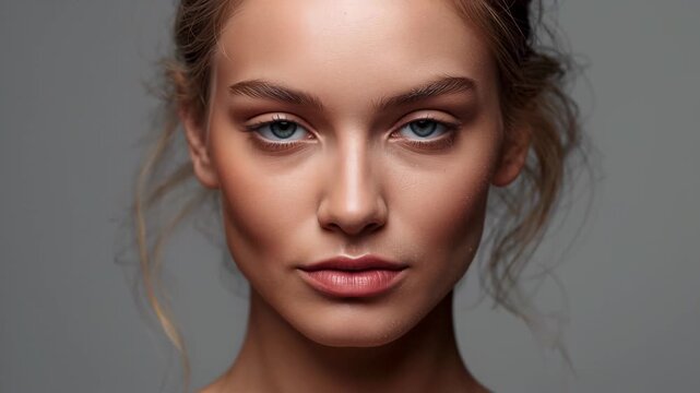 Female model with half-painted face transitions from white to natural skin tone, showcasing gradual makeup application in a neutral studio setting