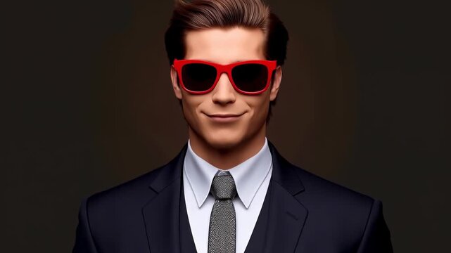 Alligator wearing red sunglasses transitions to a cartoonish character with a human head, finally becoming a stylish man in a suit with sunglasses, showcasing a unique transformation
