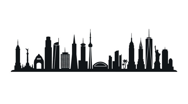 City Skyline Silhouette Against White Background Architectural Illustration