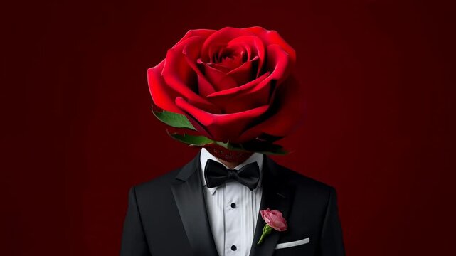 Man in tuxedo with strawberry head transitions to rose head, showcasing a surreal blend of fruit and floral elements against a deep red background