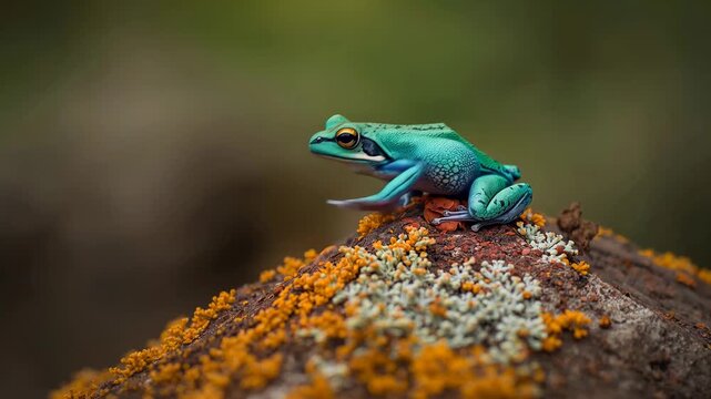 Colorful green frog perched on a moss-covered rock, gradually shifting position while surrounded by vibrant orange and gray lichen in a natural outdoor setting