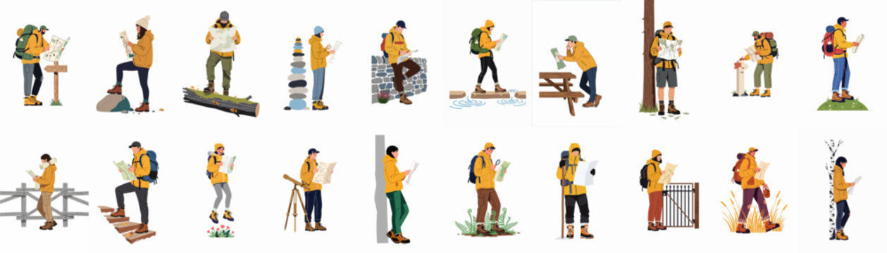 Large collection of diverse hikers in yellow jackets navigating nature trails with paper maps, flat vector illustration set.