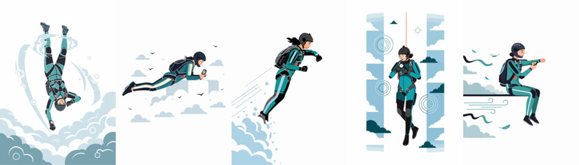 Vector illustration set featuring a female skydiver in various freefall poses, wearing gear and checking her altimeter against a cloudy sky background. © Loro