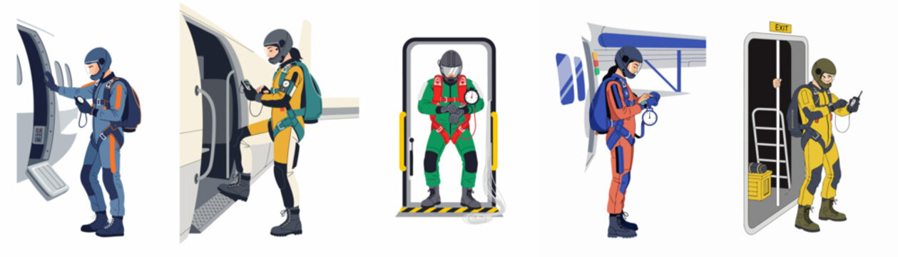 Illustrations of professional skydivers in full gear checking equipment and altimeters at an airplane exit door before a parachute jump.
