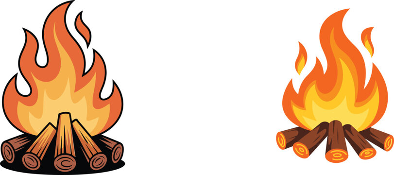 Campfire vector illustration set featuring burning bonfires with orange flames and wooden logs isolated on a white background for camping designCampfire vector illustration set featuring burning bonfi