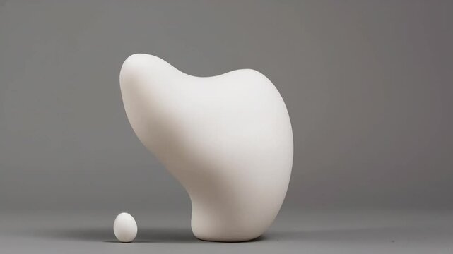 White chicken stands on one leg above a white egg, transitioning to a smooth abstract shape beside the egg, illustrating a unique visual progression in a minimalist setting