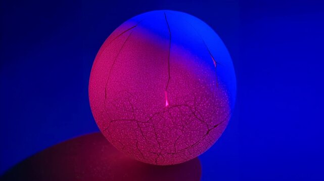Cracked egg shell with vibrant pink and blue lighting reveals gradual progression of breakage, showcasing intricate textures and shadows against a dark background