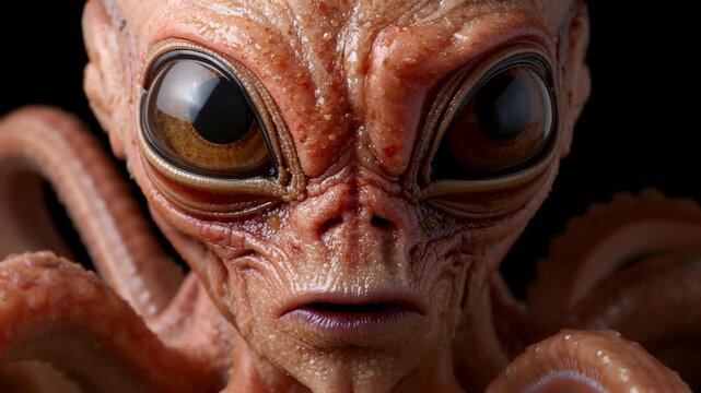 Alien creature with large eyes and tentacles stares intensely at the viewer, showcasing intricate skin texture and details in a dark environment