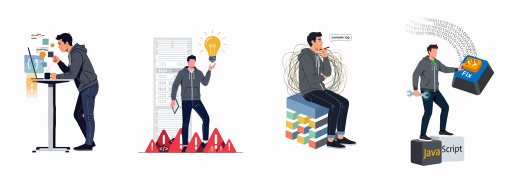Set of vector illustrations showing a programmer coding, brainstorming, troubleshooting server errors, and fixing JavaScript bugs in a professional software development environment.