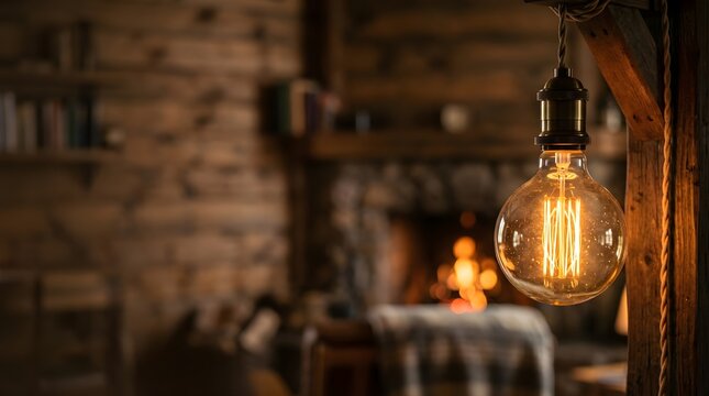 Vintage edison light bulb glowing in a cozy rustic cabin interior