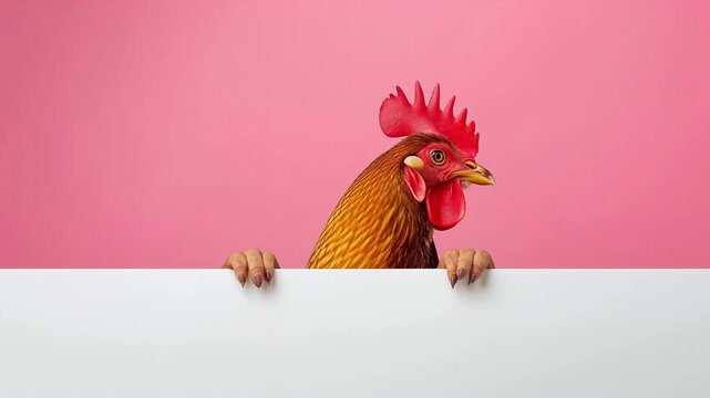 Chicken head with vibrant feathers peeks over a blank white panel against a bright pink background, showcasing a playful and whimsical visual interaction