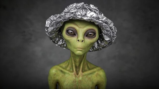Green extraterrestrial character with large eyes and a silver foil hat poses for a series of close-up shots against a dark textured background