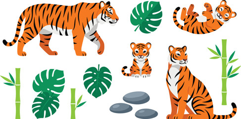 Fototapeta premium Cute Tiger Family Vector Illustration Set with Adult Tigers Playful Cubs Monstera Leaves and Bamboo Elements in Jungle Forest Wildlife Design