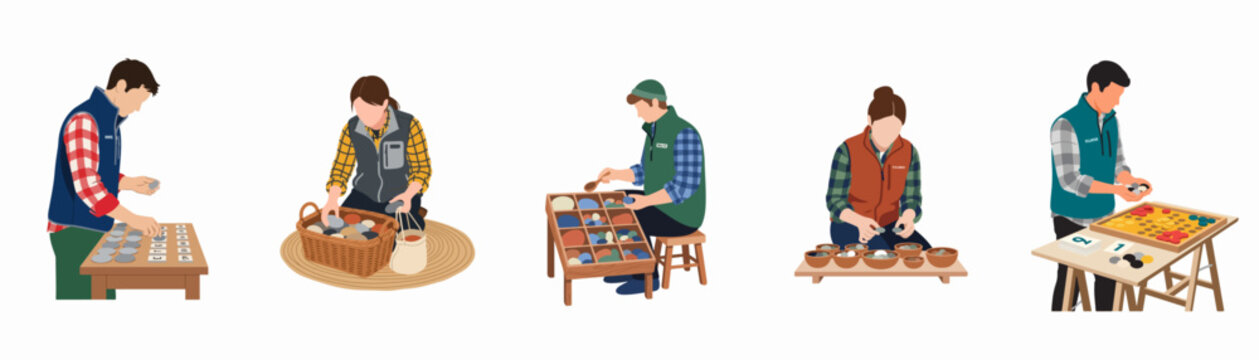 Flat illustration of diverse volunteers and researchers sorting specimens, coins, and stones at various workstations for science, community service, and educational activities.