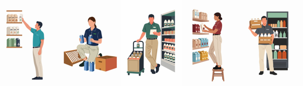Collection of flat vector illustrations depicting supermarket workers restocking dairy and plant-based milk products on grocery store shelves and refrigerators.