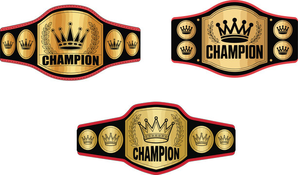 Championship belt vector set with golden winner trophies and crowns isolated on white background for boxing and wrestling sports designChampionship belt vector set with golden winner trophies and crow