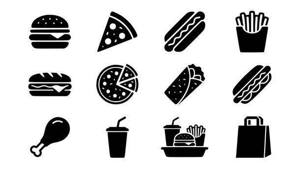 Fast food restaurant menu icon set featuring beef burgers, pepperoni pizza slices, hot dogs, french fries, sub sandwiches, burritos, fried chicken drumsticks, and takeaway bags.