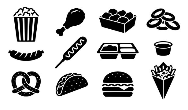 Movie theater snacks and fast food restaurant menu icon set featuring popcorn, fried chicken, onion rings, pretzels, tacos, burgers, corn dogs, and french fries.