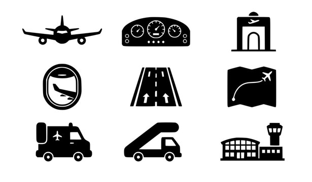 Airport transit and aviation black solid icon set featuring airplane dashboard cockpit metal detector window runway map catering truck boarding stairs and terminal building vector