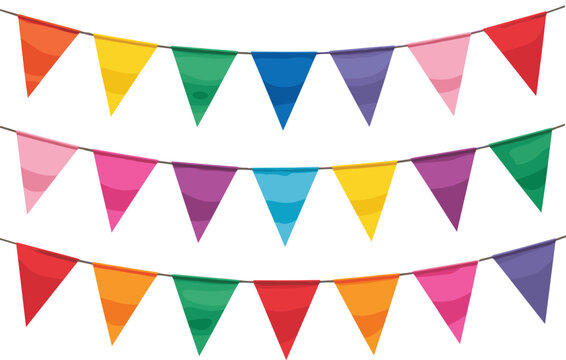 Colorful party bunting banner vector illustration set with festive hanging triangle flags isolated on white background for birthday designColorful party bunting banner vector illustration set with fes