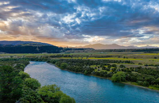 Aerial view over Clutha River/Mata-Au at dusk