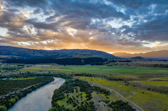 Aerial view over Clutha River/Mata-Au at dusk