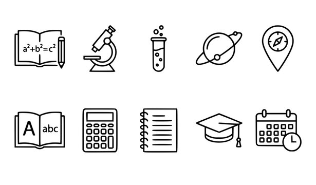 School subjects and academic education outline icon set featuring math textbook microscope test tube planet calculator notebook graduation cap and calendar vector