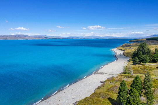 Aerial view over glacial Lake Pukaki, South Island